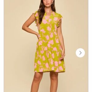 NWT 🛍️ DEAR SCARLETT Lime Green & Pink Floral Ruffle Midi Dress